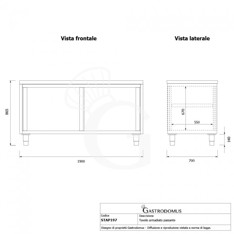 Mesa mural de acero inoxidable con puertas correderas dobles L 1900 mm x P 700 mm x A 850 mm
