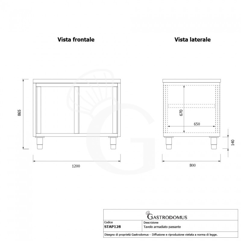 Mesa mural de acero inoxidable con puertas correderas dobles L 1200 mm x P 800 mm x A 850 mm