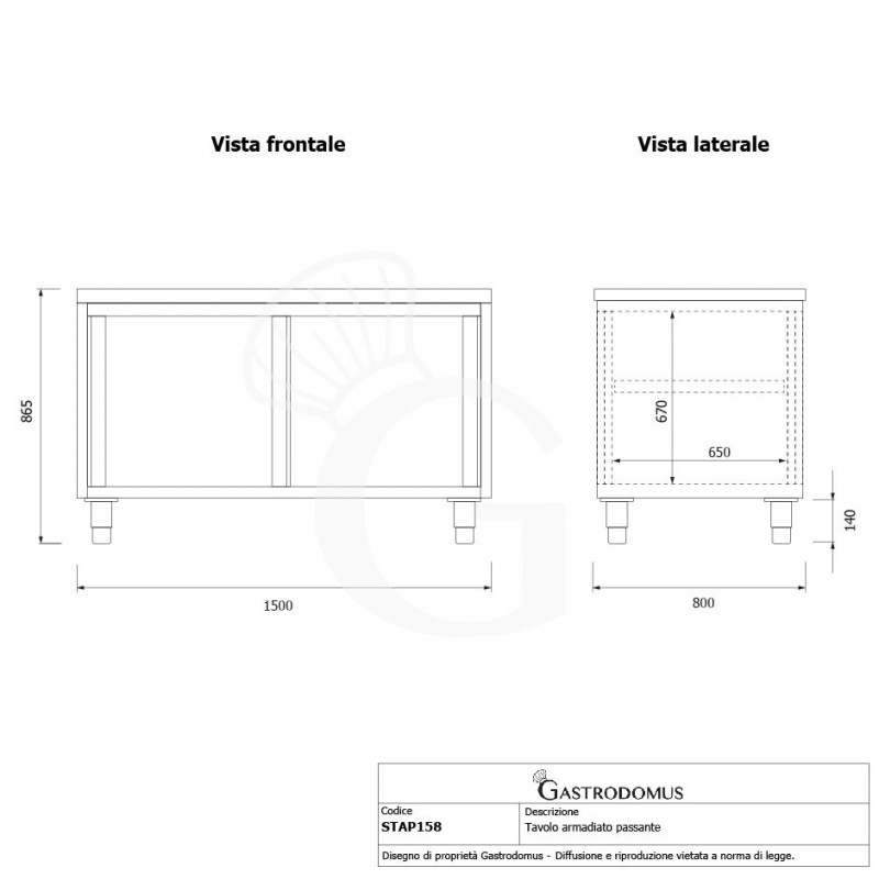 Mesa mural de acero inoxidable con puertas correderas dobles L 1500 mm x P 800 mm x A 850 mm