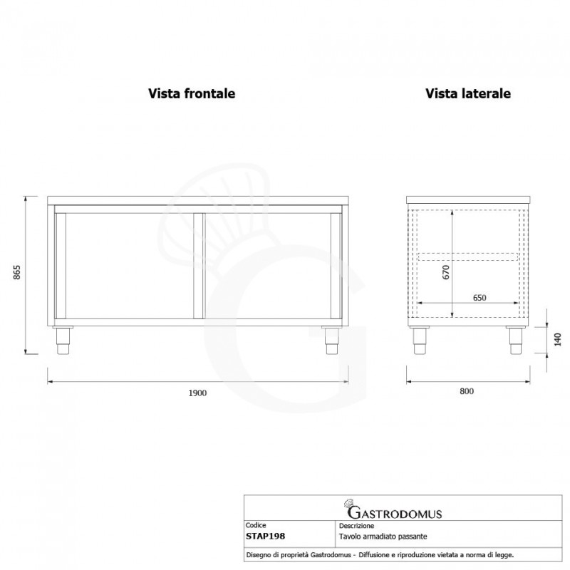 Mesa mural de acero inoxidable con puertas correderas dobles L 1900 mm x P 800 mm x A 850 mm