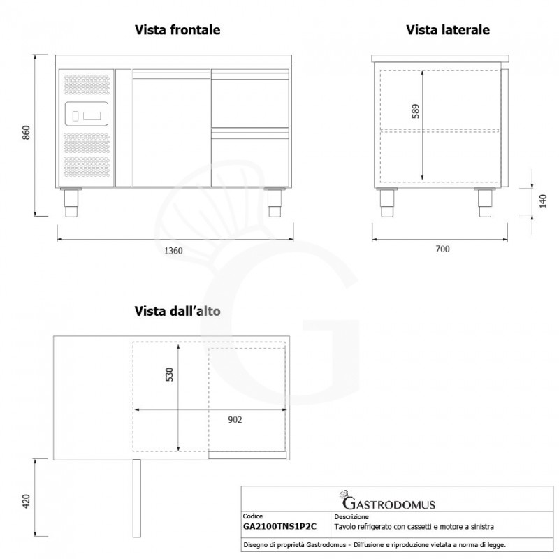Mesa Refrigerada 2 Cajones 1 Puerta 700 mm de profundidad -2°C/+8°C  Motor a la Izquierda