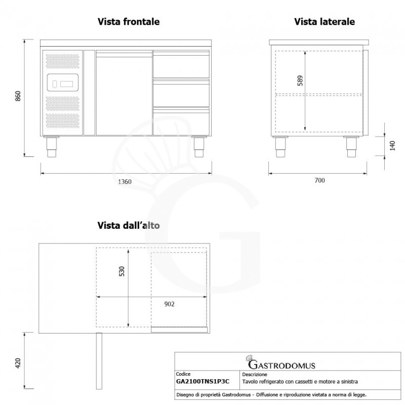 Mesa Refrigerada 3 Cajones 1 Puerta 700 mm de profundidad -2°C/+8°C  Motor a la Izquierda