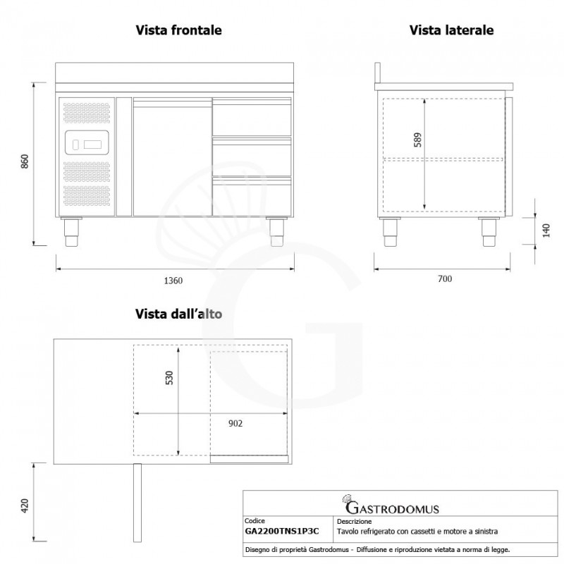 Mesa Refrigerada 3 Cajones 1 Puerta 700 mm de profundidad -2°C/+8°C, peto trasero, Motor a la Izquierda