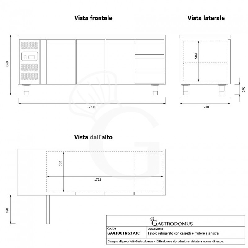 Mesa refrigerada con 3 cajones a la derecha, 3 puertas, 700 mm, -2°C/+8°C, motor a la izquierda