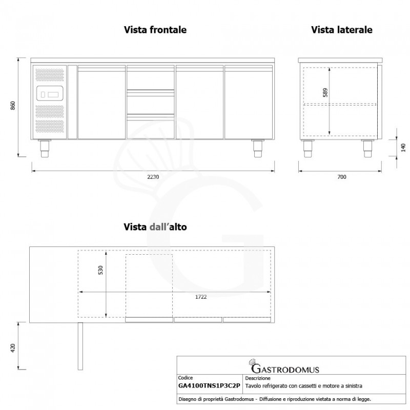 Mesa Refrigerada 3 Cajones 3 Puertas 700 mm de profundidad -2°C/+8°C  Motor a la Izquierda