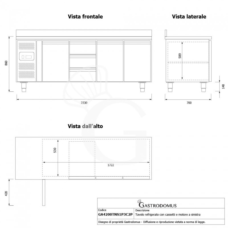 Mesa Refrigerada 3 Cajones 3 Puertas 700 mm de profundidad -2°C/+8°C, peto trasero, Motor a la Izquierda