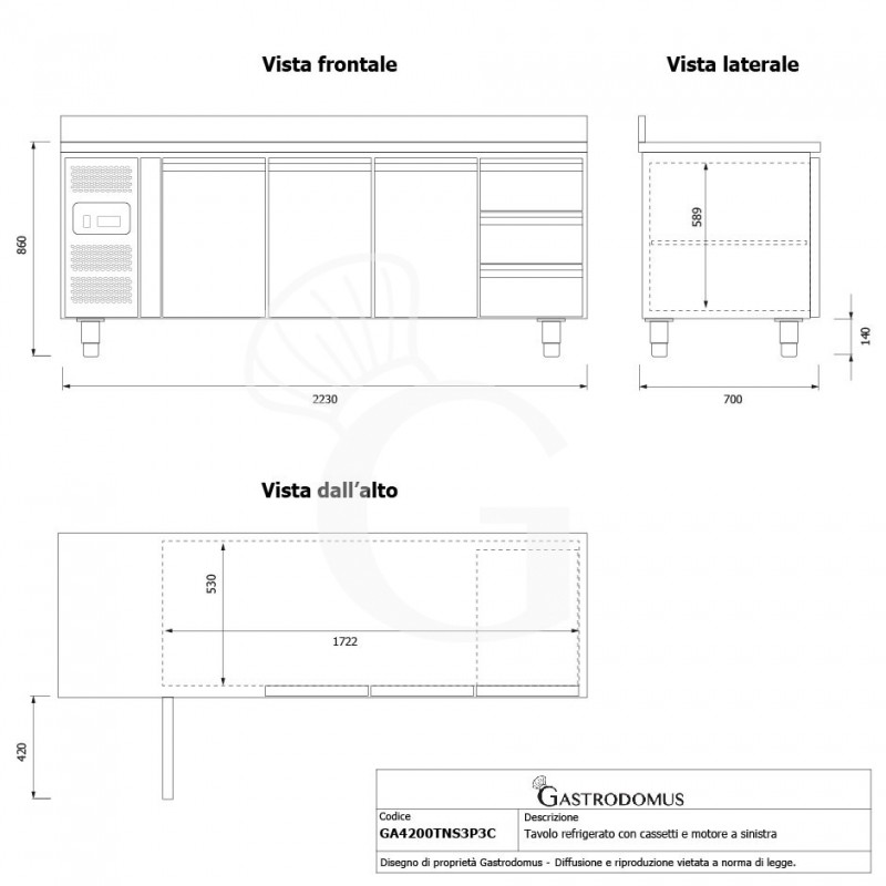Mesa Refrigerada 3 Cajones 3 Puertas 700 mm de profundidad -2°C/+8°C, peto trasero, Motor a la Izquierda