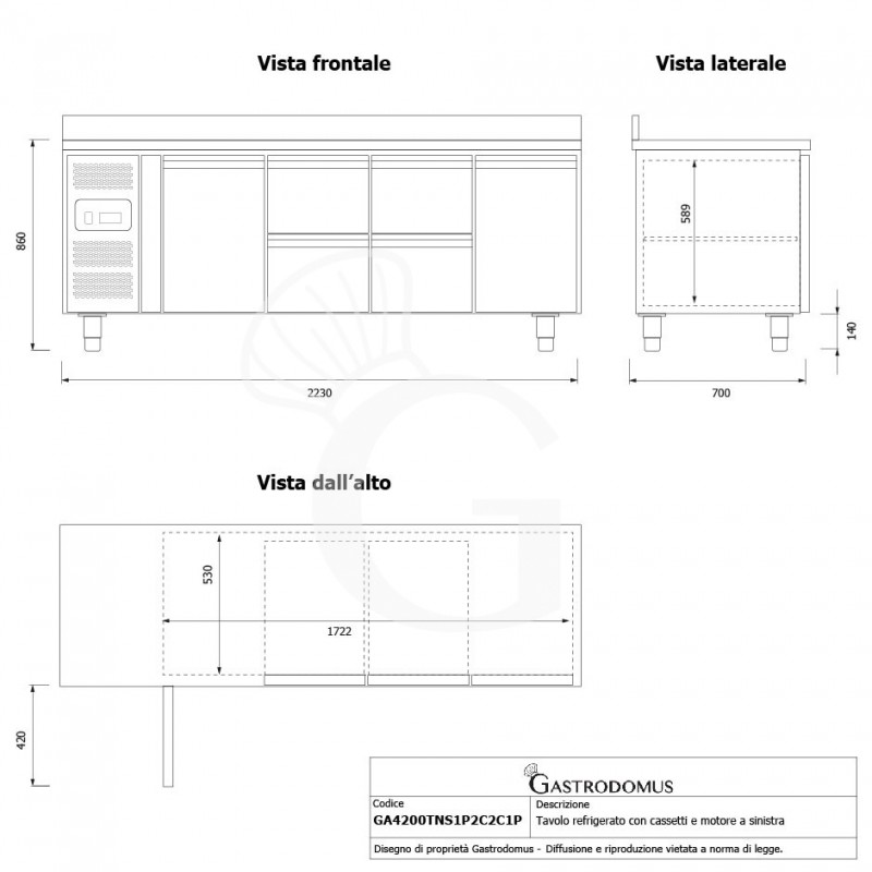 Mesa Refrigerada 4 Cajones 2 Puertas 700 mm de profundidad -2°C/+8°C, peto trasero, Motor a la Izquierda