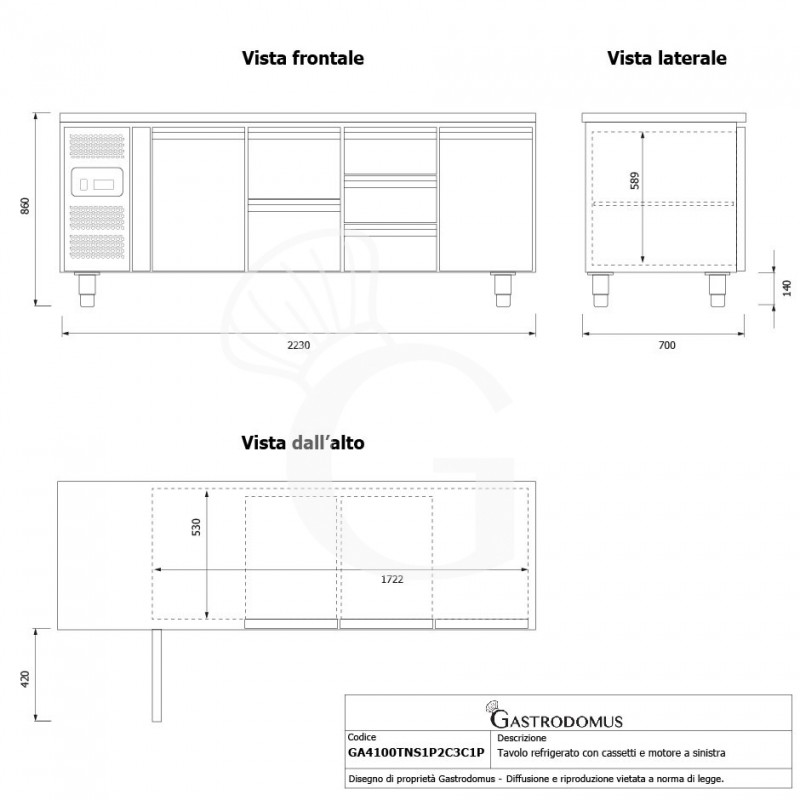 Mesa Refrigerada 5 Cajones 2 Puertas 700 mm de profundidad -2°C/+8°C  Motor a la Izquierda