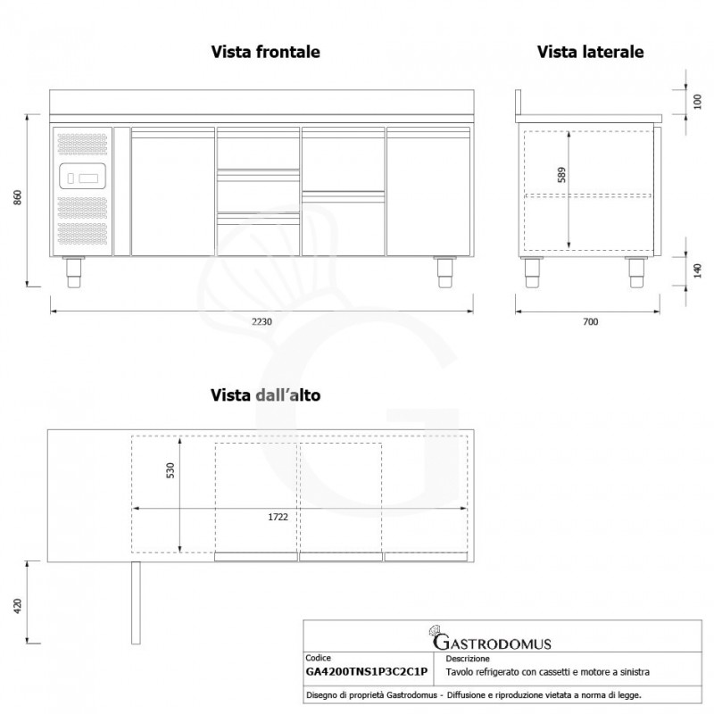 Mesa Refrigerada 5 Cajones 2 Puertas 700 mm de profundidad -2°C/+8°C, peto trasero, Motor a la Izquierda