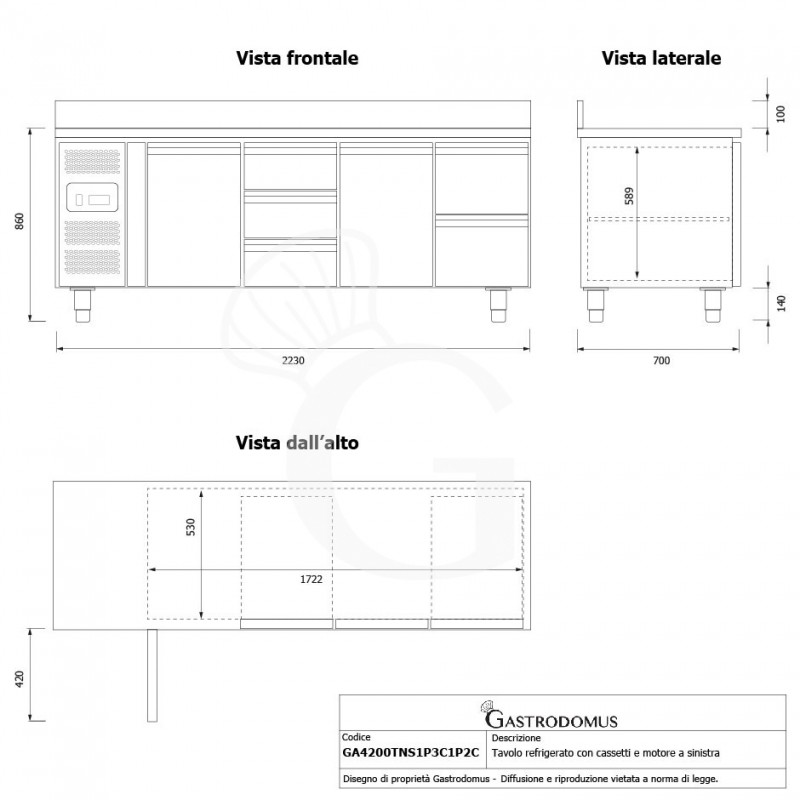 Mesa Refrigerada 5 Cajones 2 Puertas 700 mm de profundidad -2°C/+8°C, peto trasero, Motor a la Izquierda