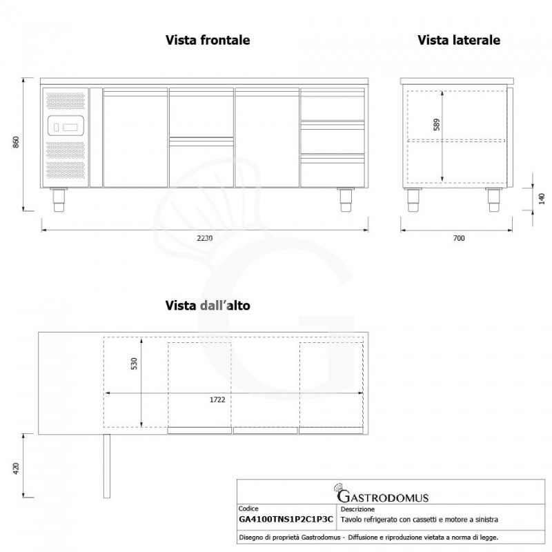 Mesa Refrigerada 5 Cajones 2 Puertas 700 mm de profundidad -2°C/+8°C  Motor a la Izquierda