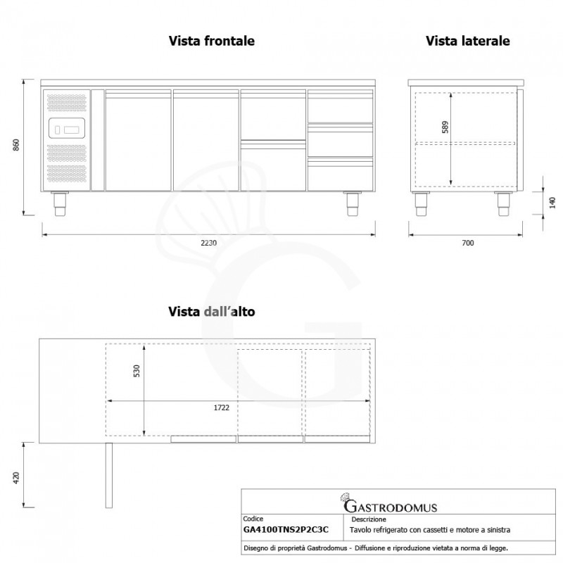 Mesa Refrigerada 5 Cajones 2 Puertas 700 mm de profundidad -2°C/+8°C  Motor a la Izquierda