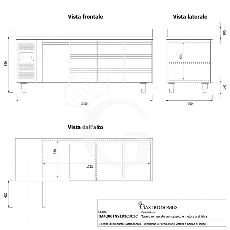 Mesa refrigerada con 1 puerta, 9 cajones de 1/3, peto trasero, profundidad 700 mm, temperatura -2°C/+8°C, motor a la izquierda