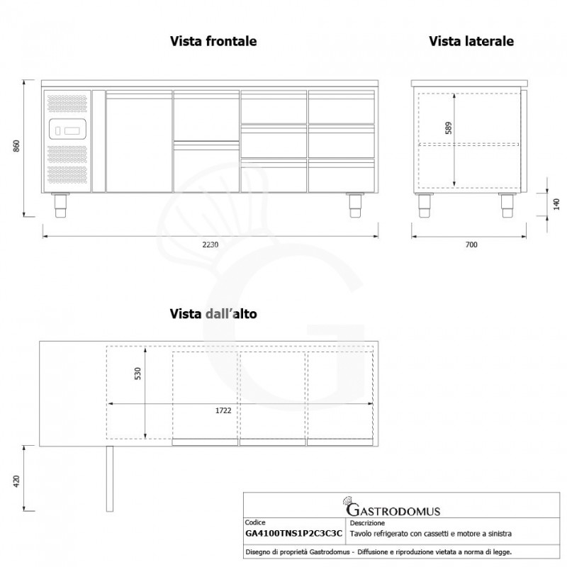 Mesa Refrigerada 8 Cajones 1 Puerta 700 mm de profundidad -2°C/+8°C  Motor a la Izquierda