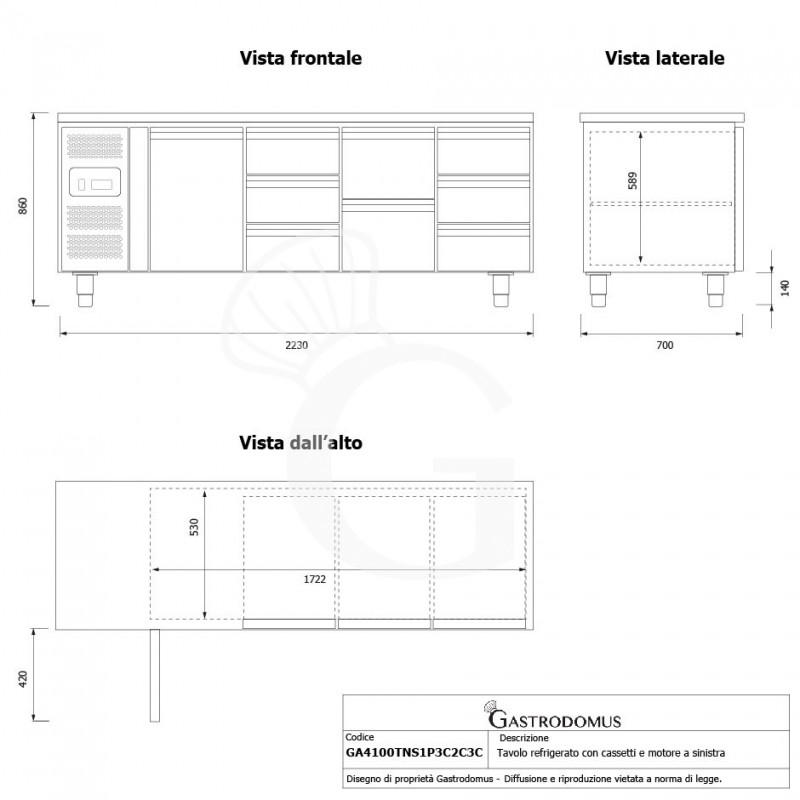 Mesa Refrigerada 8 Cajones 1 Puerta 700 mm de profundidad -2°C/+8°C  Motor a la Izquierda