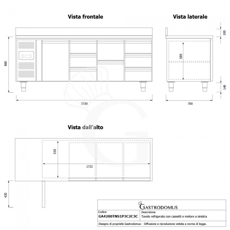 Mesa Refrigerada 8 Cajones 1 Puerta 700 mm de profundidad -2°C/+8°C, peto trasero, Motor a la Izquierda