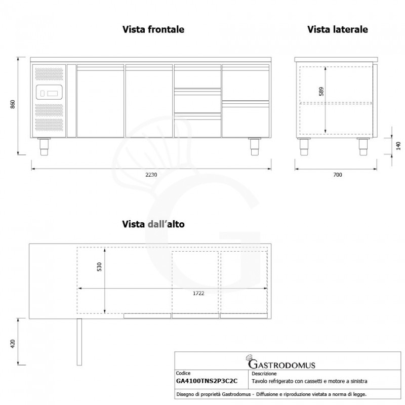 Mesa Refrigerada 5 Cajones 2 Puertas 700 mm de profundidad -2°C/+8°C  Motor a la Izquierda