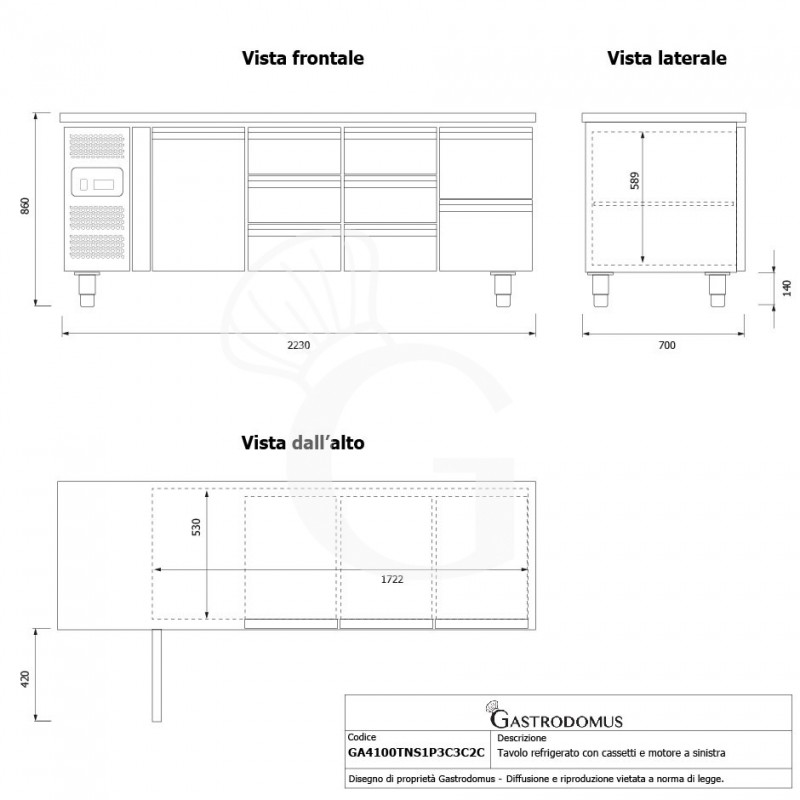 Mesa Refrigerada 8 Cajones Peto 1 Puerta 700 mm -2°C/+8°C Motor a la Izquierda