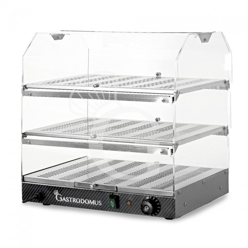 Vitrina caliente de acero inoxidable y plexiglás 3 estantes +30°C/+90°C L 510 mm x P 350 mm x A 550 mm