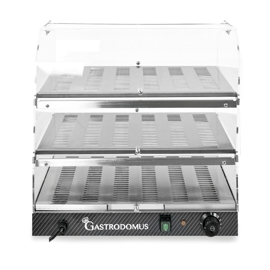 Vitrina caliente de acero inoxidable y plexiglás 3 estantes +30°C/+90°C L 510 mm x P 350 mm x A 550 mm
