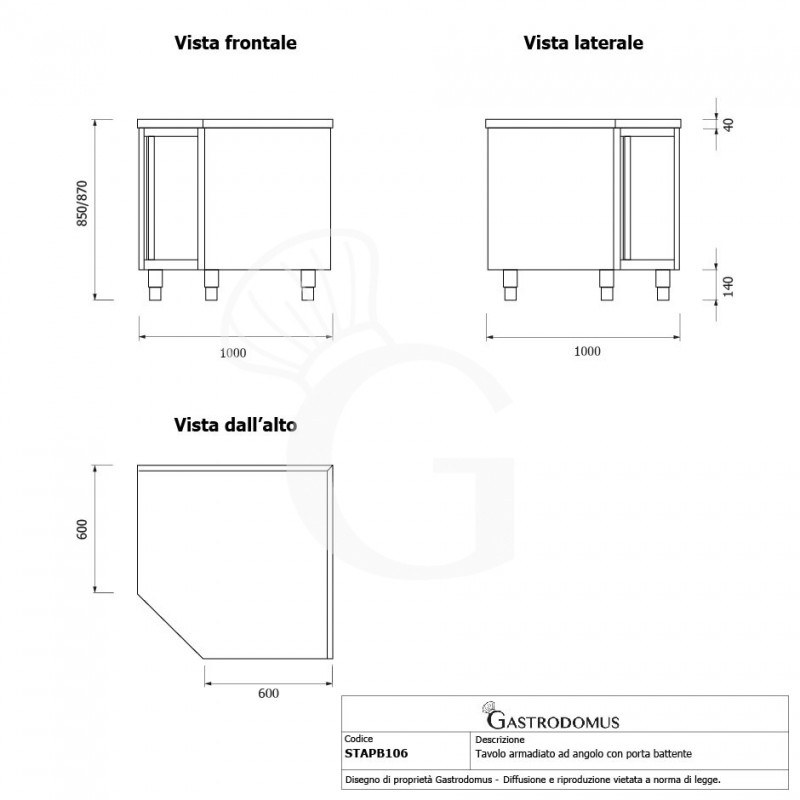 Mesa mural rinconera de acero inoxidable con 1 puerta batiente y profundidad de 600 mm