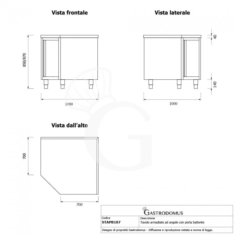 Mesa mural rinconera de acero inoxidable con 1 puerta batiente y profundidad de 700 mm