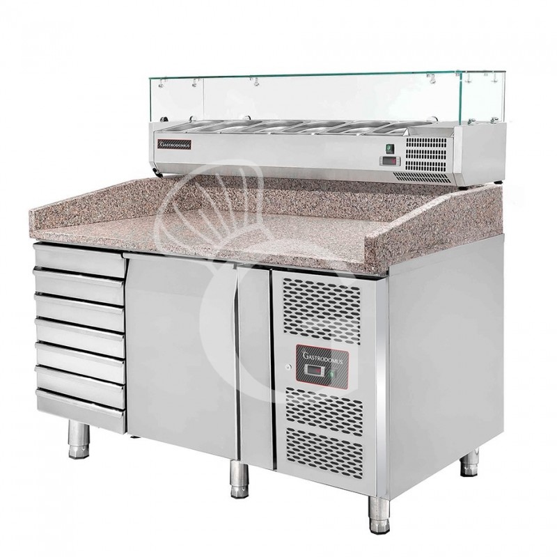 Mesa Refrigerada para pizza 600X400 1 Puerta 7 Cajones Vitrina 5 Cubetas GN1/3+ 1 GN1/2 210 LT