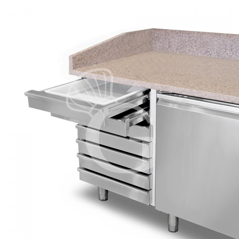 Mesa Refrigerada para pizza 600X400 2 Puertas 7 Cajones Vitrina 9 Cubetas GN1/3 390 LT