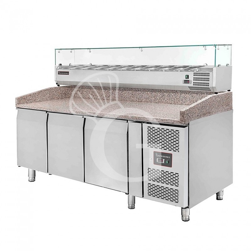 Mesa Refrigerada para pizza 600X400 3 Puertas Vitrina 10 Cubetas GN1/4 580 LT
