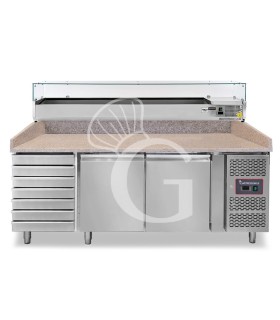 Mesa Refrigerada para pizza 600X400 2 Puertas 7 Cajones Vitrina 9 Cubetas GN1/3 390 LT