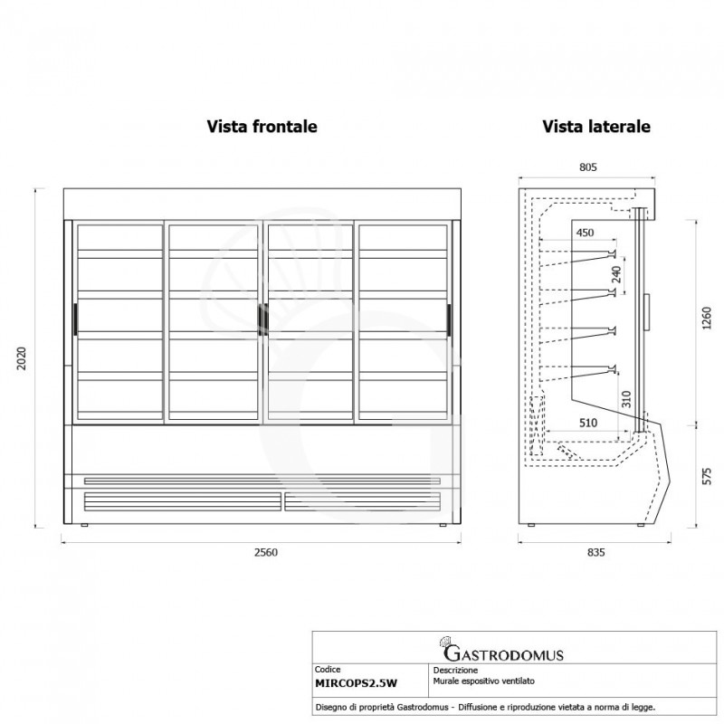 Vitrina Mural Refrigerada serie Mirco con puertas correderas Temperatura +1°/+10°C L 2560 mm