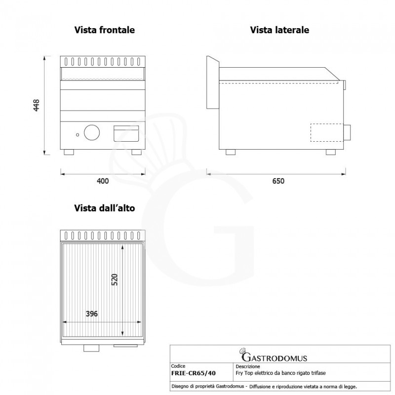 Fry Top eléctrico de sobremesa, placa acanalada cromada 4500 W Trifásico P 650 mm