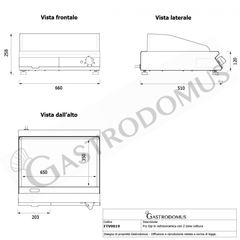 Fry top profesional de vitrocerámica 1 zona de cocción L 660 mm x P 510 mm x A 120 mm