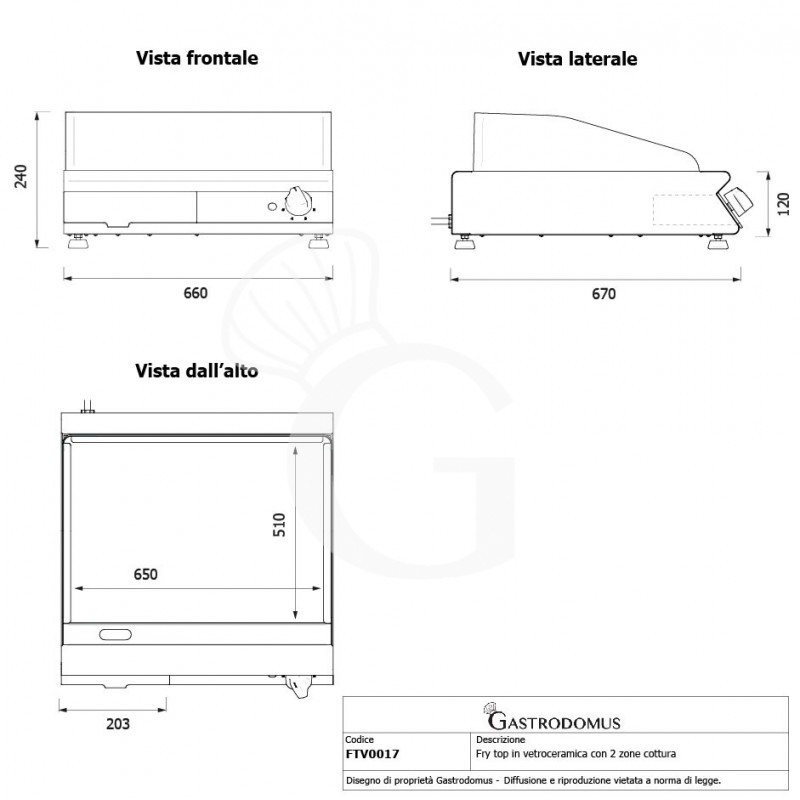 Fry Top profesional de vitrocerámica 2 zonas de cocción L 660 mm x P 670 mm x A 120 mm