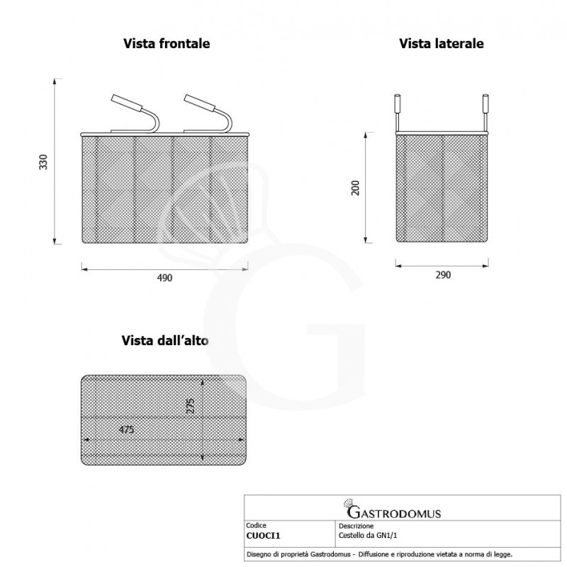 Cesta GN1/1 para cocedor de pasta - L 490 mm x P 290 mm x A 200 mm