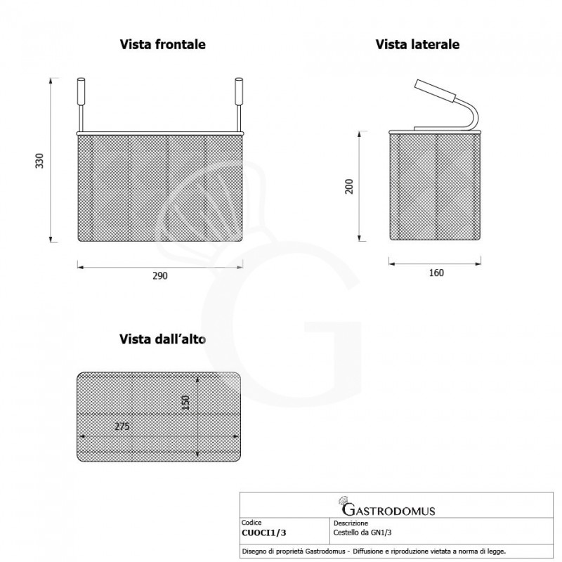 Cesta horizontal GN1/3 para cocedor de pasta - L 290 mm x P 160 mm x A 200 mm