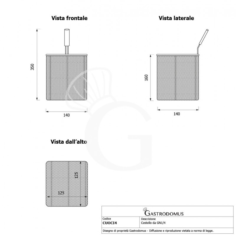 Cesta GN1/4 para cocedor de pasta - L 140 mm x P 140 mm x A 160 mm