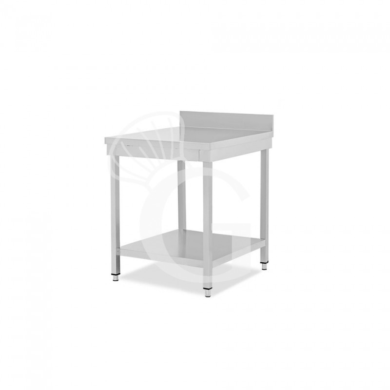 Mesa de trabajo de acero inoxidable con estante inferior y peto con dimensiones L 600 mm x P 600 mm x A 965 mm