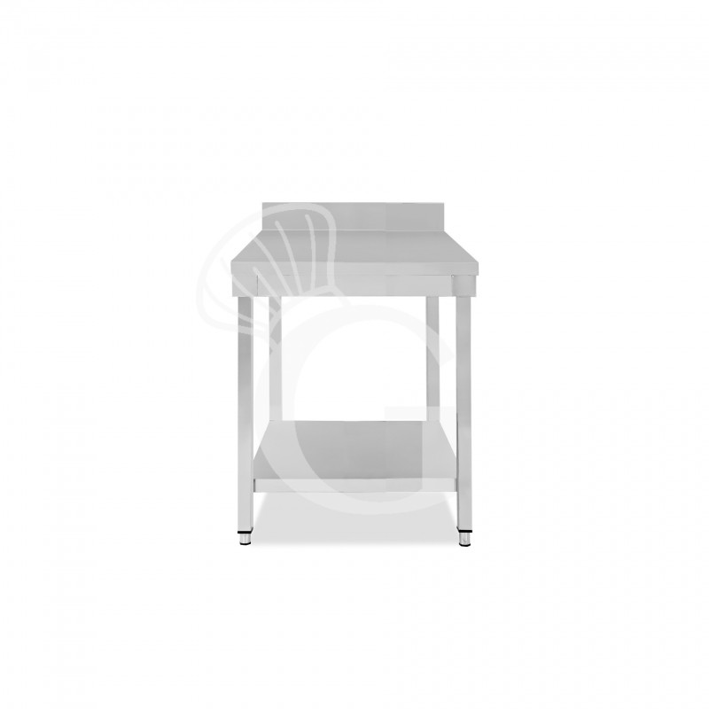 Mesa de trabajo de acero inoxidable con estante inferior y peto con dimensiones L 600 mm x P 600 mm x A 965 mm