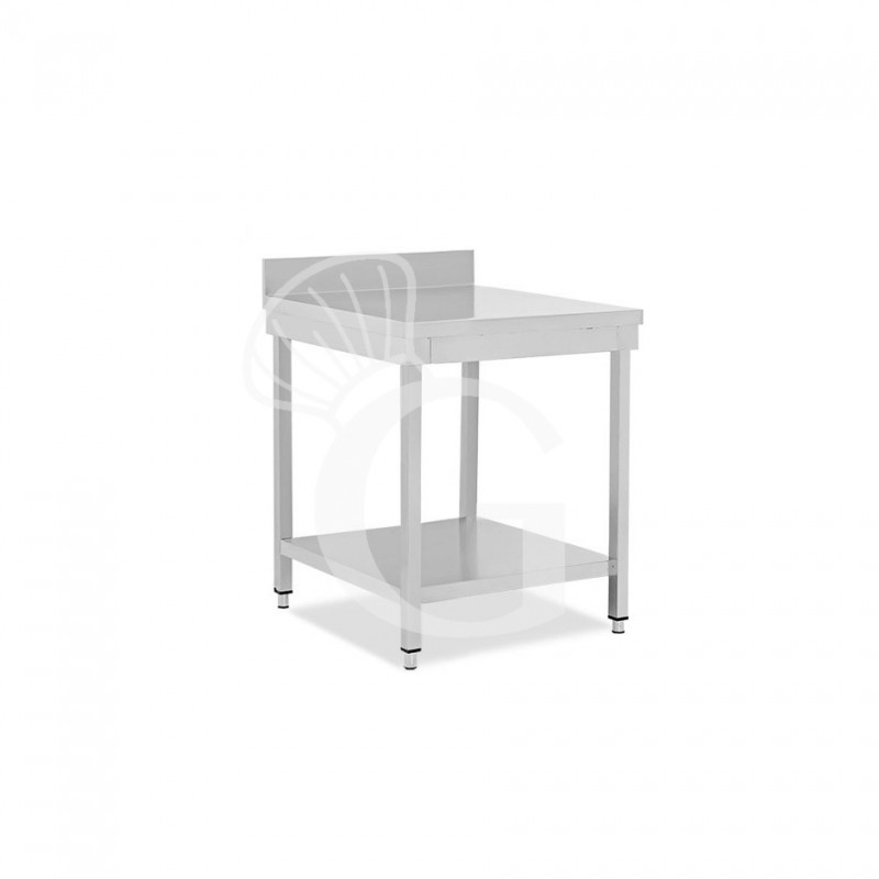 Mesa de trabajo de acero inoxidable con estante inferior y peto con dimensiones L 600 mm x P 600 mm x A 965 mm