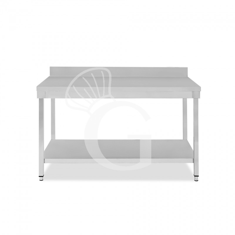 Mesa de trabajo de acero inoxidable con estante inferior y peto con dimensiones L 1500 mm x P 600 mm x A 965 mm