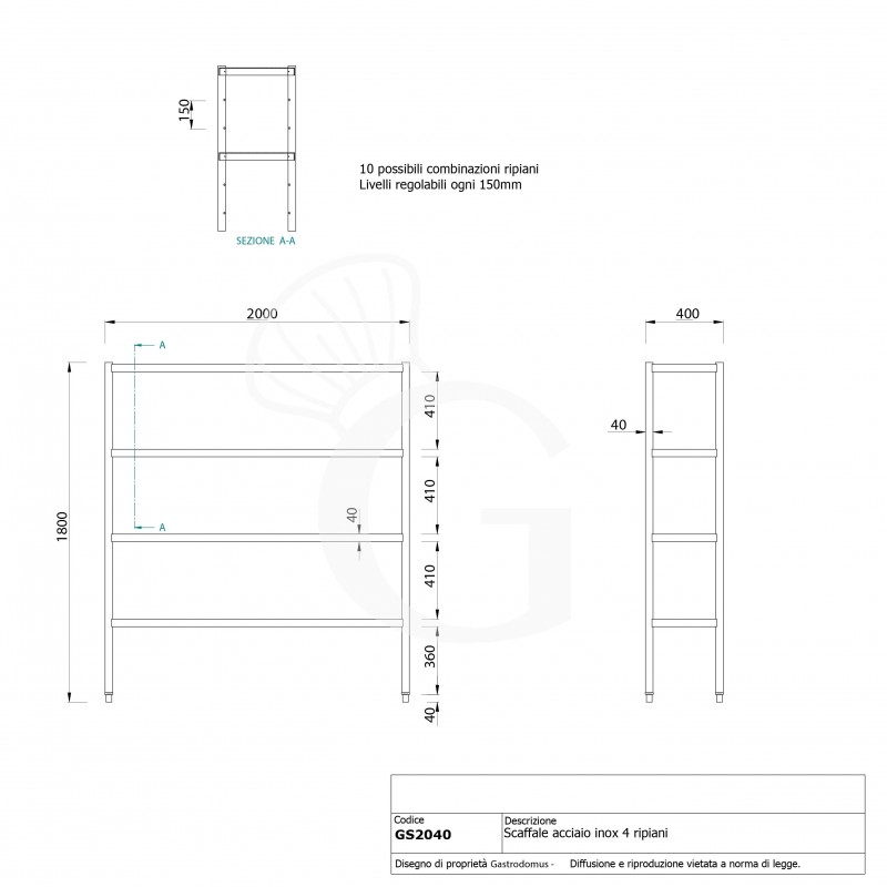 Estantería de pie de acero inoxidable 4 estantes L 2000 x P 400 x A 1800 mm