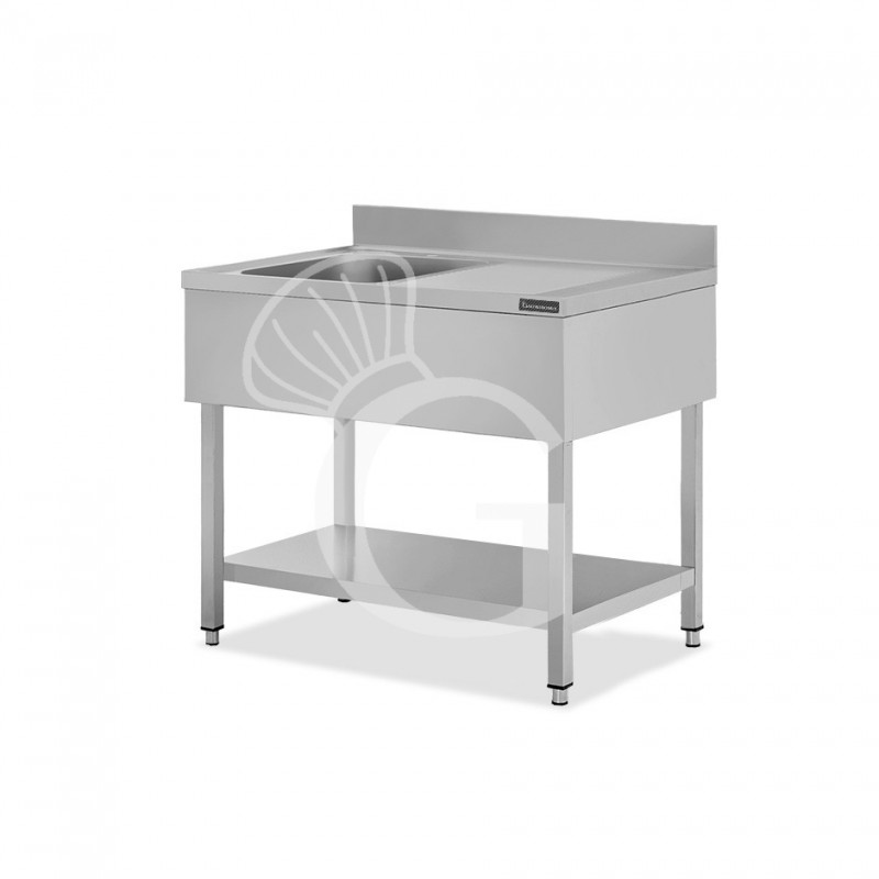 Fregadero inox con 1 cubeta y escurridor a la derecha, estante y peto L 1200 mm x P 700 mm x A 950 mm