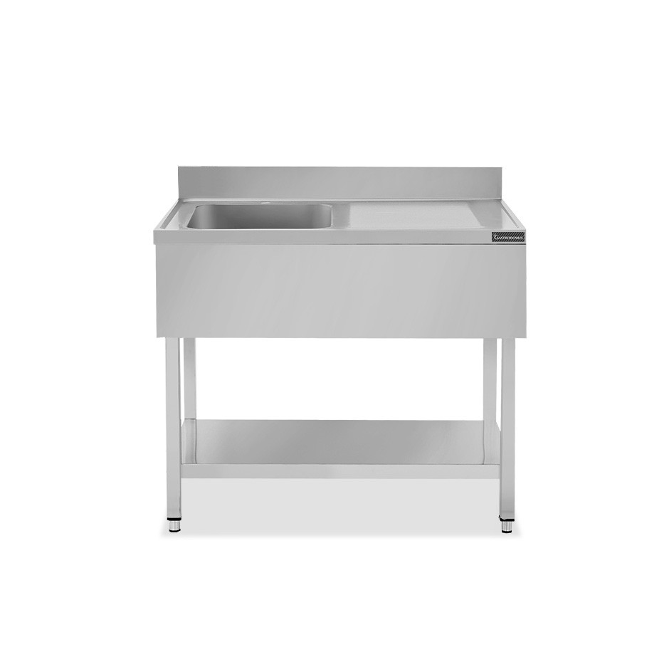 Fregadero inox con 1 cubeta y escurridor a la derecha, estante y peto L 1200 mm x P 700 mm x A 950 mm