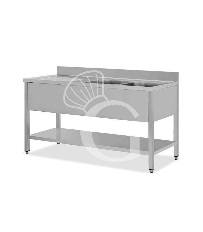 Fregadero inox con 2 cubetas y escurridor a la izquierda, estante y peto L 1600 mm x P 700 mm x A 950 mm