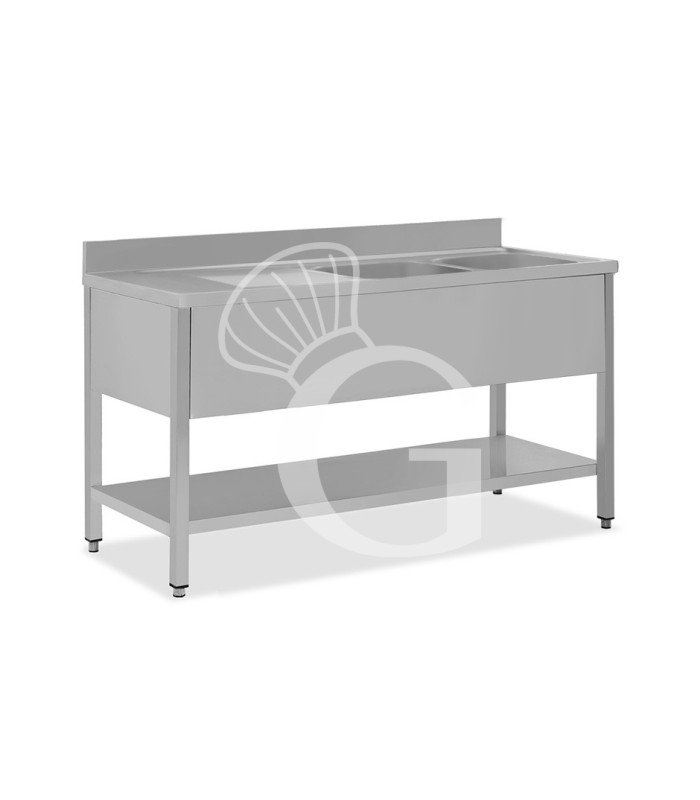Fregadero inox con 2 cubetas y escurridor a la izquierda, estante y peto L 1600 mm x P 700 mm x A 950 mm