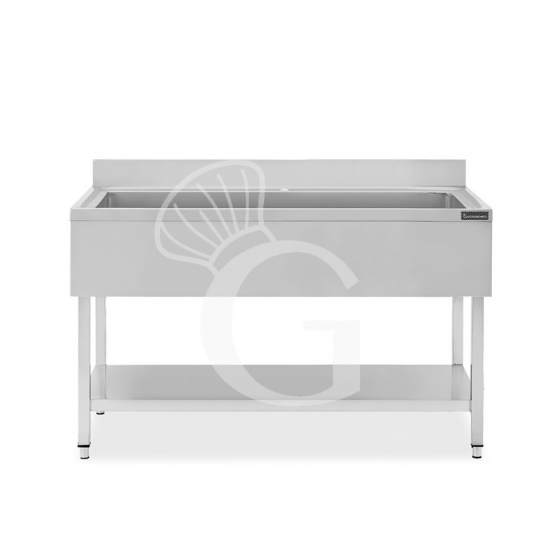 Fregadero para ollas de acero inoxidable con 1 estante, peto trasero, 1 cuba L 1400 mm x P 600 mm x A 950 mm