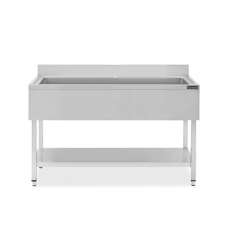 Fregadero para ollas de acero inoxidable con 1 estante, peto trasero, 1 cuba L 1400 mm x P 600 mm x A 950 mm