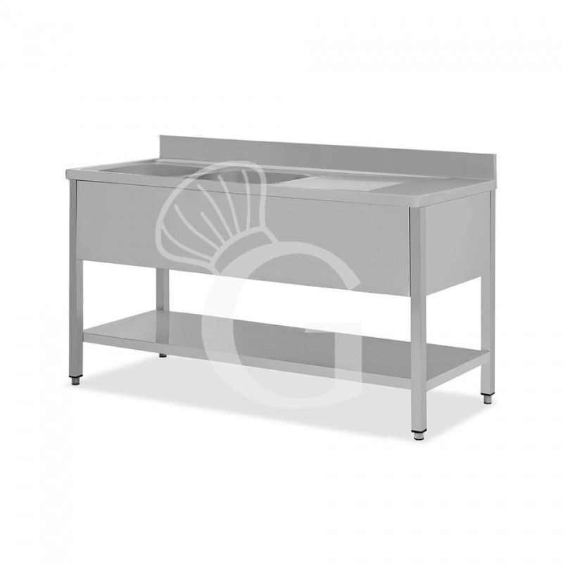 Fregadero inox 1 estante, peto, 2 cubas, escurridor a la derecha L1500mmxP700mmxA965mm-agujero para el grifo Ø 32 mm